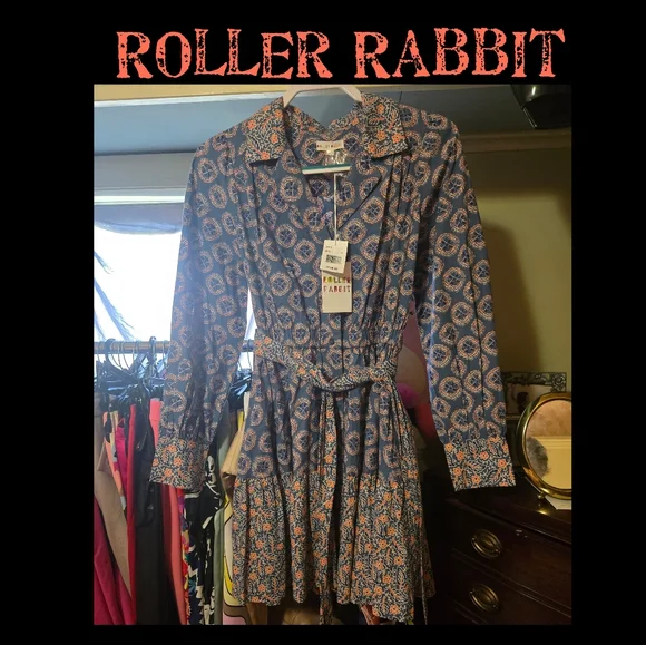 Roller Rabbit long sleeves blue and orange floral dress - Picture 1 of 10